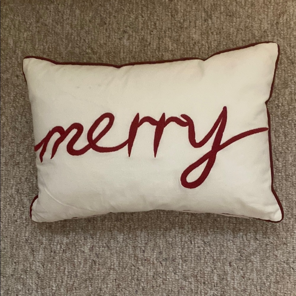 Festive Cream and Red 'Merry' Holiday Pillow